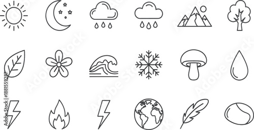 Print Minimalist Elemental Nature and Weather Line Icon Set Featuring Climate Earth and Natural Symbols