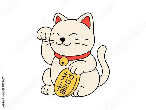 Cute Maneki Neko - Lucky Cat with Gold Coin in cartoon style, Kawaii Illustration. Сute maneki neko lucky cat waving paw and holding a gold coin. Translation from Japanese: Attracting Happiness 