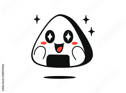 Kawaii Onigiri Character with Sparkle Eyes Cartoon Icon. Cute kawaii onigiri rice ball character with sparkling eyes and happy expression. Simple illustration, ideal for stickers, kids design. Vector