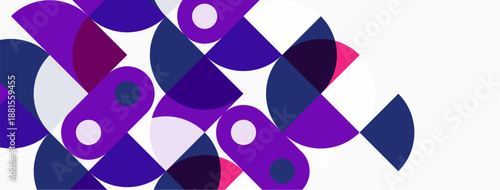 Abstract composition features overlapping purple, pink circles. Shapes create dynamic visual texture, modern aesthetic. Clean background enhances forms.
