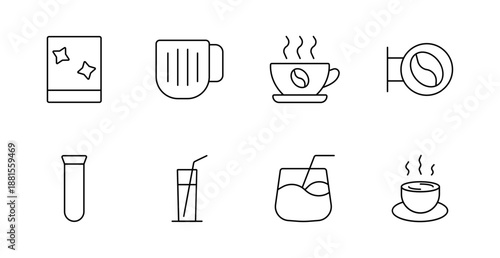 Beverage and cafe set icon. Tea packet, mug, steaming cup, coffee bean sign, test tube, juice glass, cocktail glass, hot cup shown in thin style for drink, lab, and cafe visual themes.