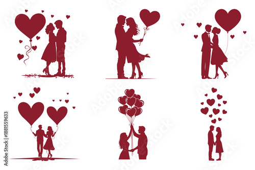 Romantic couples with hearts and balloons on valentine's day