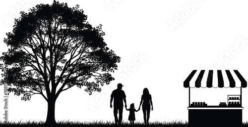 Family silhouette walking in park with large tree and street market stall illustration for community lifestyle vector design stock graphic