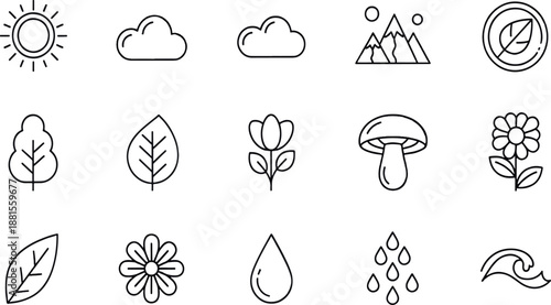 Print  Minimalist Nature and Weather Line Icon Set with Floral Mountain and Water Symbols