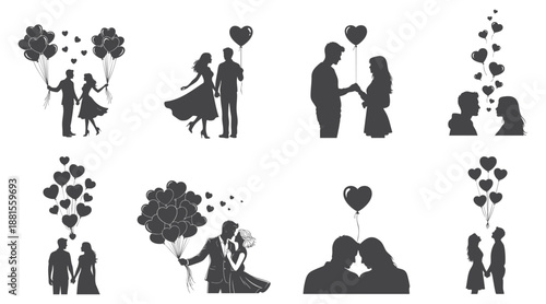 Romantic silhouettes of couples with heart balloons