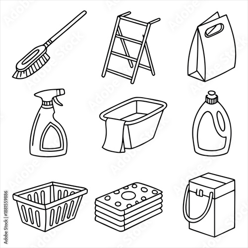 Household Cleaning and Laundry Line Icons Set Black and White