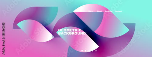 Abstract fluid shapes, vibrant pinks, blues create dynamic background. Text displays work, about, portfolio, contact options.