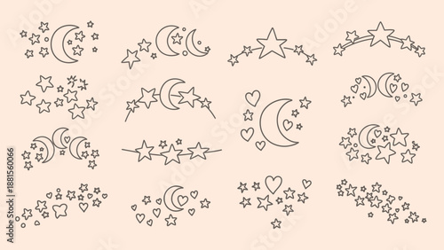 Collection of Celestial Crescent Moons and Sparkling Stars Doodles for Cosmic Designs
