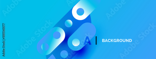 Bright blue gradient background features abstract circles, shapes. Text reads AI BACKGROUND. Modern design, vibrant colors present.