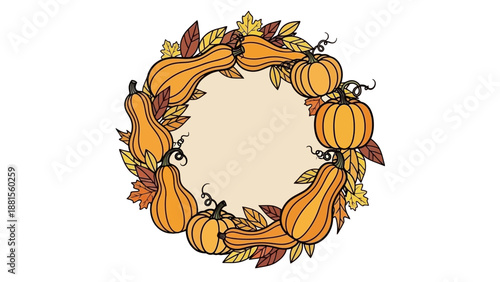 Autumn Wreath Frame with Pumpkins and Fall Leaves Border for Thanksgiving Design