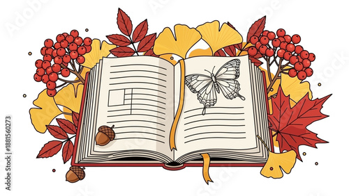 Autumnal Open Book Decorated with Fall Leaves, Berries, Acorns and Butterfly Illustration