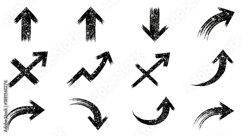 Collection of Grunge Arrows: Up, Down, Diagonal, Curved, and Jagged Directions