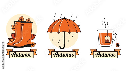 Autumn Icons: Boots, Umbrella, and Hot Tea symbolizing cozy fall season vibes