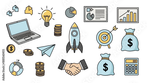 Business Concept Icons and Symbols - Startup, Finance, Strategy, and Success Elements