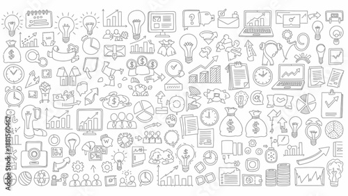 Collection of Business and Finance Doodles, Icons, and Symbols in a Hand-Drawn Style