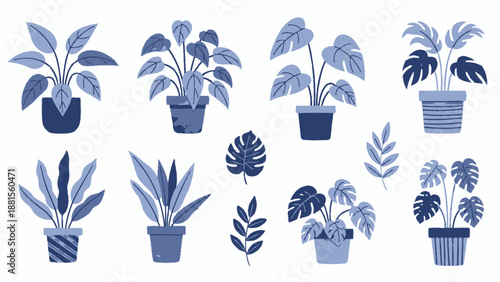 Collection of Blue Potted Houseplants and Leaves, Vector Graphic Illustration