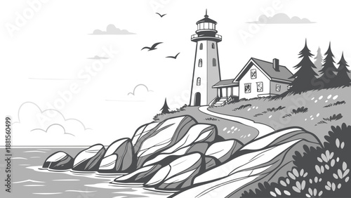 Coastal scene featuring a lighthouse quaint house rocky shoreline and gentle waves in a striking silhouette
