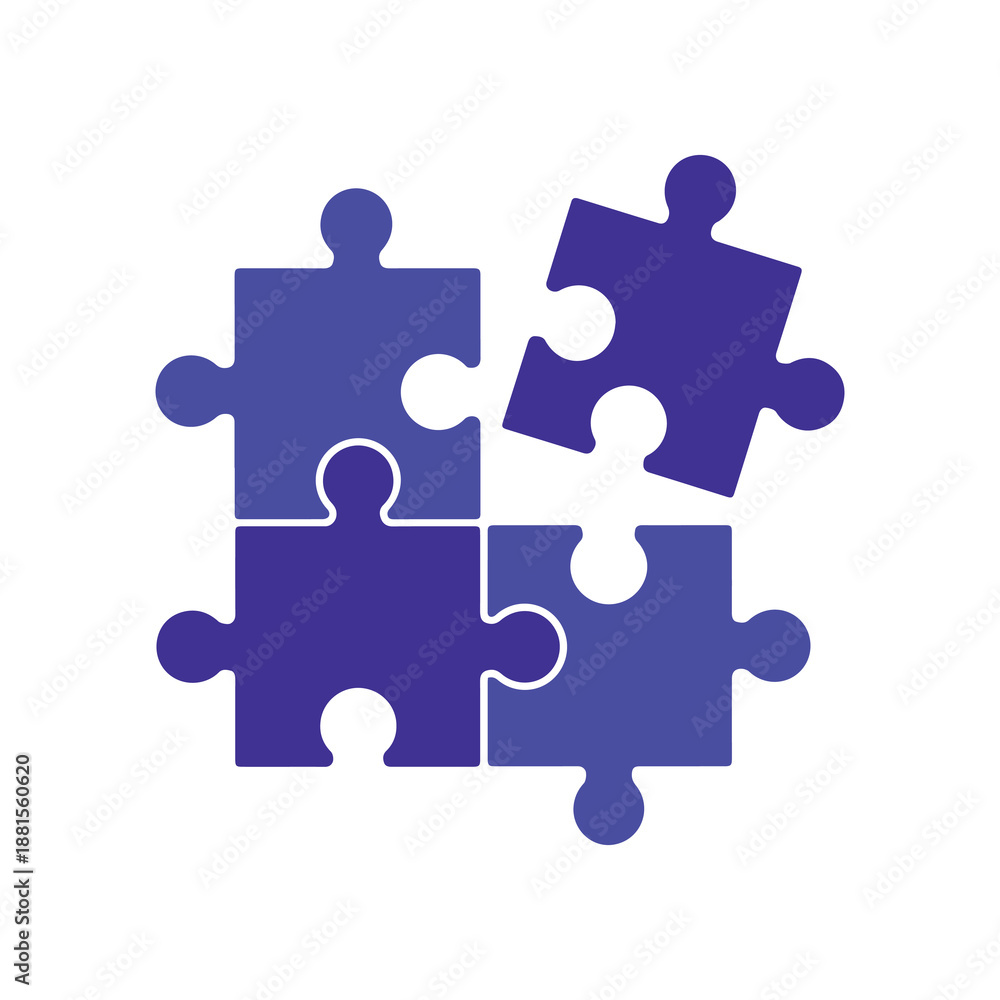 Fototapeta premium Four interconnected blue puzzle pieces form a square with a missing piece in a minimalist illustration style