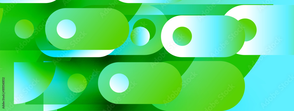 Obraz premium Abstract composition features overlapping green, blue shapes. Circles, rectangles create dynamic visual effect. Bright, modern design.
