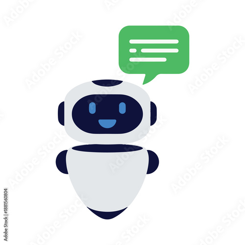 Friendly robot with smiling expression and speech bubble communicating in modern minimalist style white and blue colors isolated on plain background futuristic design ai concept technology