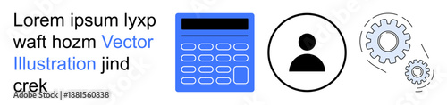 Education, technology, business management, user interface design, programming, process management. Blue calculator, user profile icon gear icons linked. Technology and user interface concept