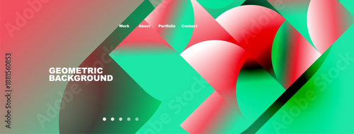 Abstract geometric background. Vibrant colors blend, creating dynamic visual effect. Navigation menu present at top. Modern design.