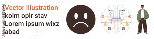 Emotional health, technology, artificial intelligence, human emotions, neural networks, mental awareness. A sad face icon, a brain circuit design and a person. Emotional health and technology