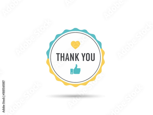 Thank You badge with a thumbs up icon and heart shape on a white background