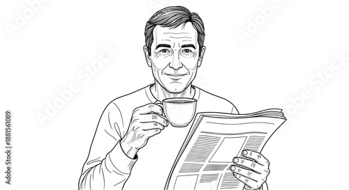 Smiling man drinking coffee and reading newspaper on white background