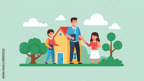 Happy vector illustration of a smiling father with his two children walking in front of a house with trees and clouds