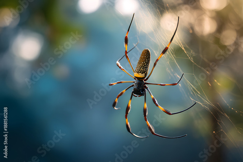 Golden Orb Spider on Web in Tropical Forest Macro Shot