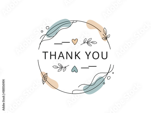 Thank you message with decorative floral elements and abstract shapes inside a circle