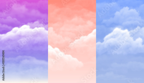 A set of vertical sky wallpapers with clouds in blue, orange, and purple.