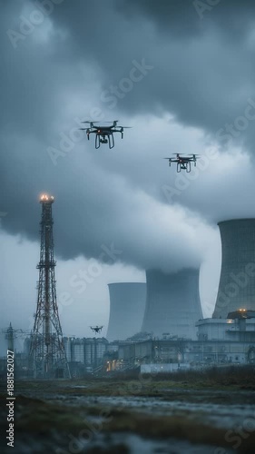 Industrial landscape with cooling towers, power plant infrastructure, and cloudy sky during twilight.