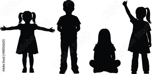 Set of children silhouettes featuring boys and girls in different poses like sitting, standing, and raising hands isolated on white.