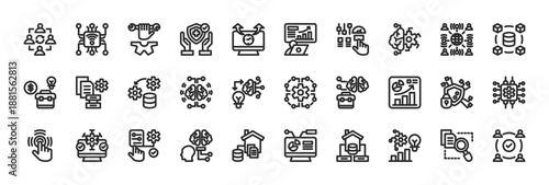 data driven business systems icon collection outline style. containing collaboration, iot, maintenance, safety, uptime, mentoring, control, machine learning, connectivity, big data