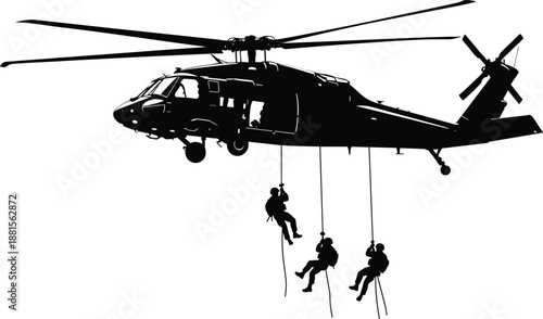 Tactical military helicopter silhouette with elite soldiers rappelling on ropes during an airborne rescue mission isolated on white background vector.
