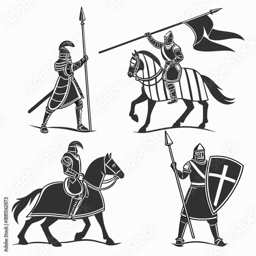 Medieval knights on horseback and foot displaying weapons and banners presented in a striking silhouette