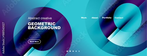 Abstract geometric background features flowing shapes, vibrant blues, purples. Navigation includes work, about, portfolio, contact options.