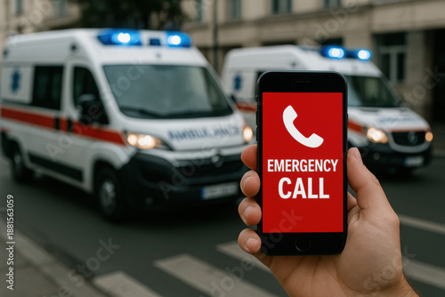 Hand holding smartphone with emergency call screen and ambulance vehicles in background
