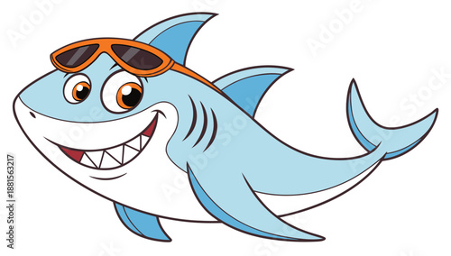 A cheerful cartoon shark wearing sunglasses smiles directly at the viewer presenting a playful silhouette