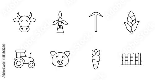 Farming set icon. Cow head, windmill, pickaxe, corn, tractor, pig head, carrot, wooden fence drawn with bold lines and minimal rural design in simple layout.