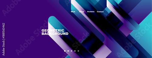Abstract geometric background features vibrant purple, blue hues. Navigation includes work, about, portfolio, contact options. Modern design.