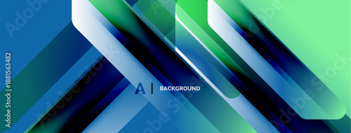 Abstract design features dynamic blue, green gradients. Diagonal lines create modern, sleek visual effect. Background suggests technology, innovation.