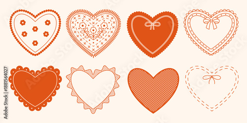 Valentine's day heart frames. borders and tags with lace ruffle, embroidery stitches and scalloped edges. Romantic templates for text decorated with ribbons and bows. February 14 vector set