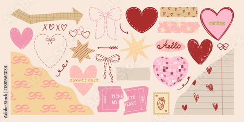 Set of various cut-out elements, doodle hearts, frames and textures for Valentine's day decoration. Vintage craft clip arts for love letter and collage design. Cute vector graphic