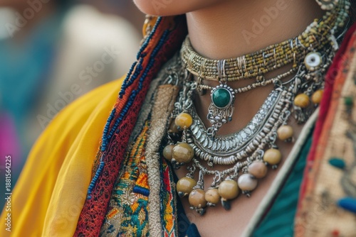 Close up of intricate layered silver necklaces with a green gemstone and colorful beads, displayed on richly embroidered traditional textile.