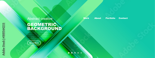 Abstract geometric background design. Green, turquoise hues create modern visual appeal. Website header with navigation options present.