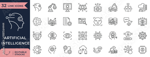 Artificial Intelligence Machine Learning Neural Network Vector Icon Set
