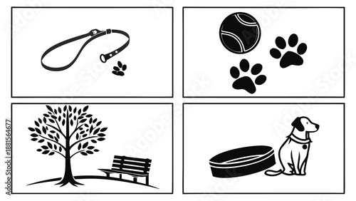 A collection of black and white images depicting dog related items and scenes a distinct silhouette